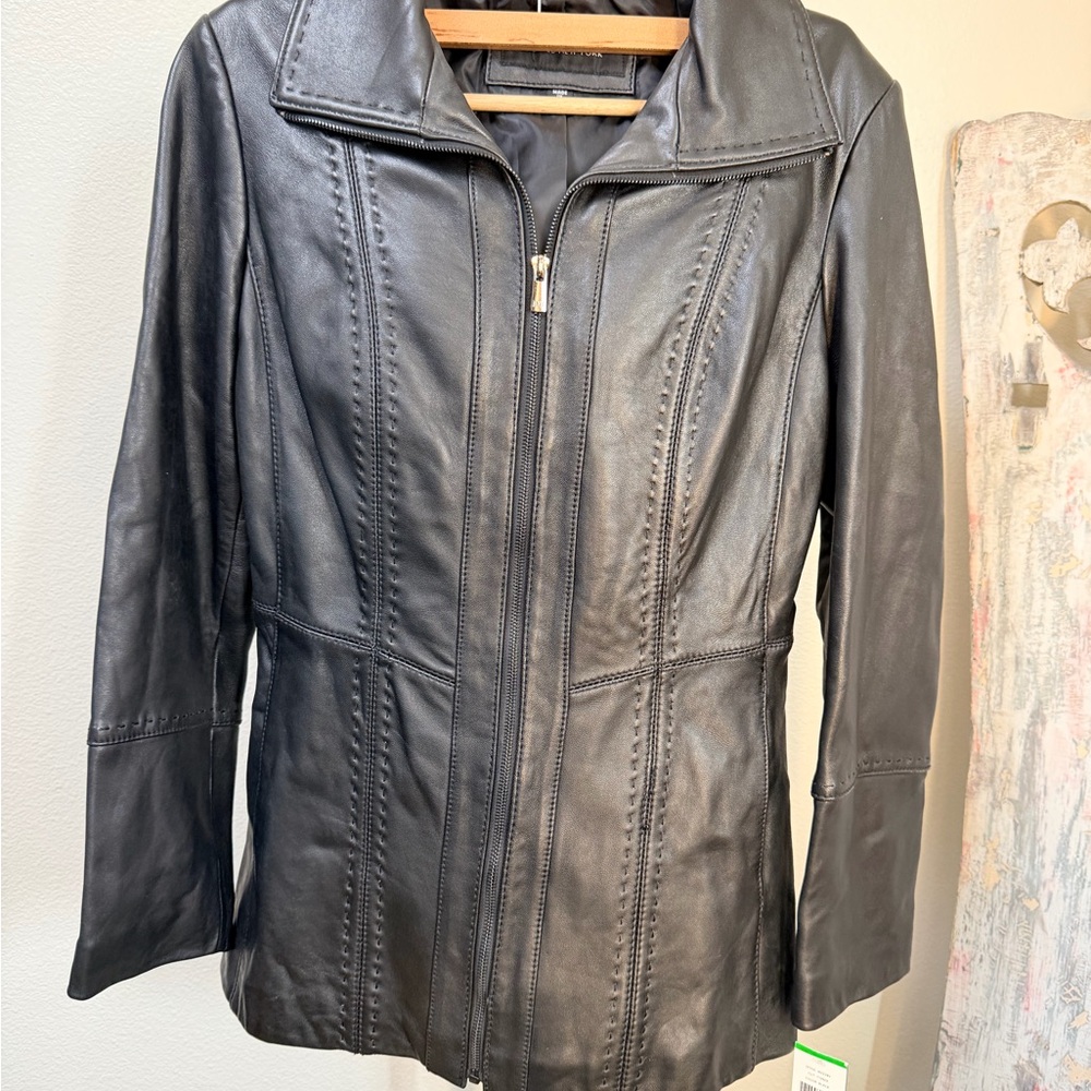 Women's Jones New York Black Leather Jacket Zip Front Moto NWT XL